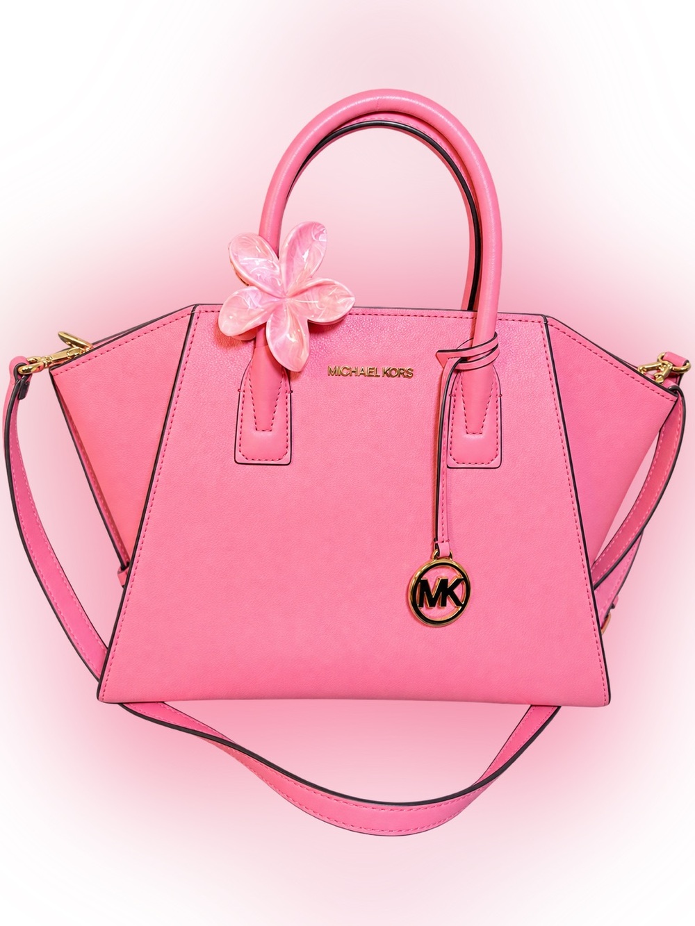 Michael Kors Avril Large Pink Pebbled Leather Satchel Crossbody Bag